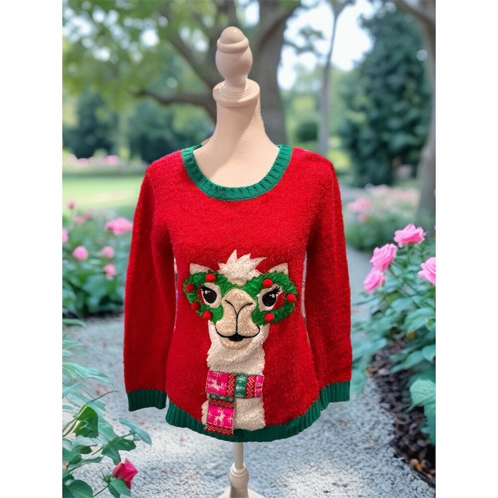 It's Our Time Ugly Christmas Sweater Womens L Red Llama Pom Pom Pullover